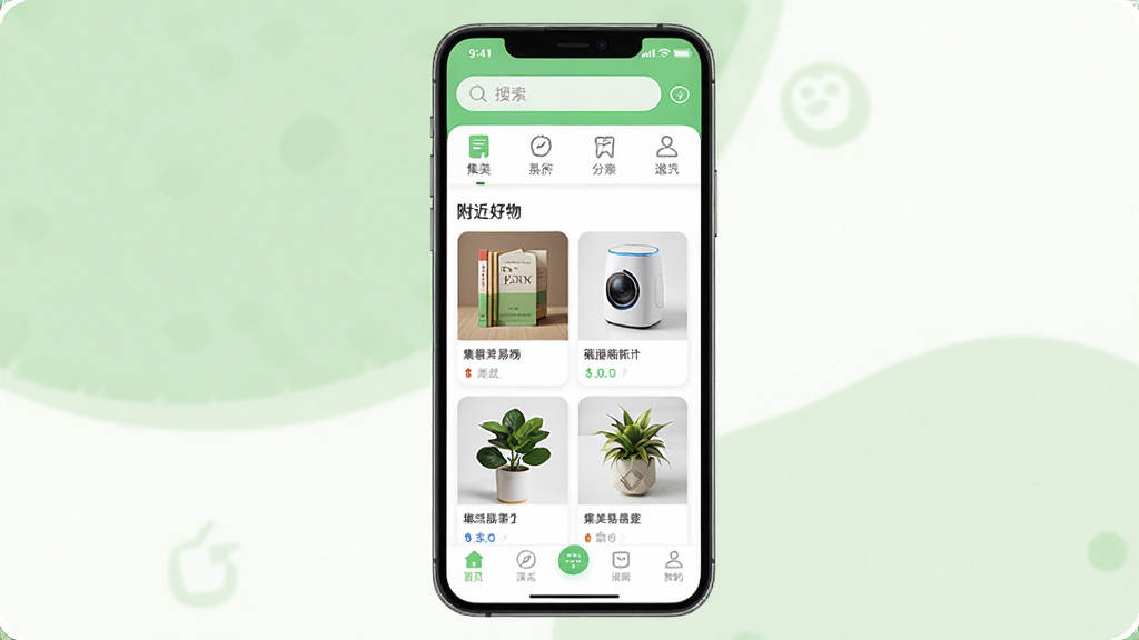 ��������APP��ҳ����չʾ������������һ�������ֻ�����Ļ��ʾ��������Ӧ����ҳ�棬ҳ�涥�����������ͷ���ͼ�꣬�м��Ǹ������￨Ƭ�б��������鼮��С�ҵ硢��ֲ����Ʒ����ͼ���ײ������������ɼ�������Ϊǳ��ɫ���ɫ����ļ�������岼�ָɾ����룬�����������޶���Ԫ�أ��ʺ���������վչʾ��