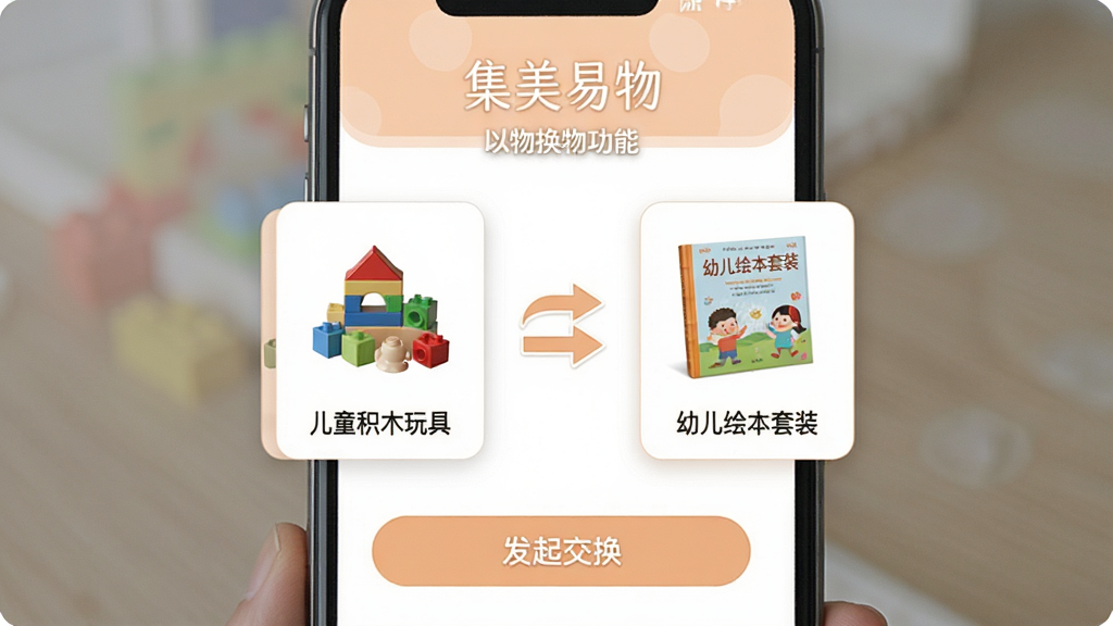 �����������ﻻ�﹦�ܽ��棬�ֻ���Ļչʾ������Ʒ��Ƭ���ţ��м��н�����ͷͼ�꣬��࿨ƬΪ����ͯ��ľ��ߡ����Ҳ࿨ƬΪ���׶��汾��װ�����·��С����𽻻�����ť��������ɫ��ͣ���ǳ��ɫ�Ͱ�ɫΪ�������ֶԳƣ������������޶���Ԫ�ء�