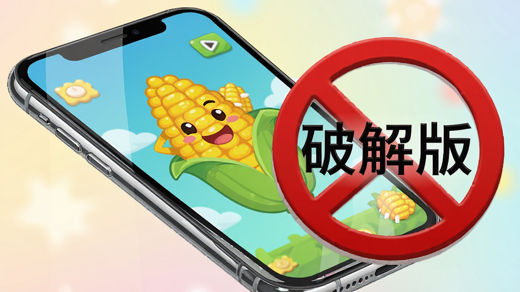 画面主体为一部智能手机屏幕显示开心玉米游戏主界面,屏幕旁边有一个红色禁止标志覆盖在“破解版”字样上,布局采用手机斜放视角,排版为竖版构图,风格为扁平化警示风格,细节包括手机边框的反光、禁止标志的立体感和背景的柔和渐变,画质为4K超高清,干净无多余元素。