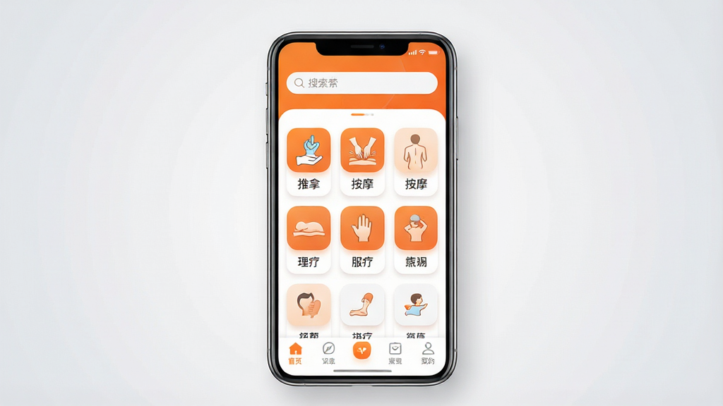 һ���ֻ�Ӧ�ý���չʾͼ��������һ�����������ֻ�����Ļ������ʾһ����ɫ���ɫΪ��ɫ�������������APP��ҳ���������������м����ж���������ͼ�꣬�������á���Ħ�����Ƶȣ��ײ��е�����������Ϊ�ֻ����У�����Ϊǳ��ɫ���䣬���Ϊ�ִ���Լ�Ƽ��磬ϸ�ڰ���Բ��ͼ�ꡢ�����Ӱ���������ֱ�ǩ