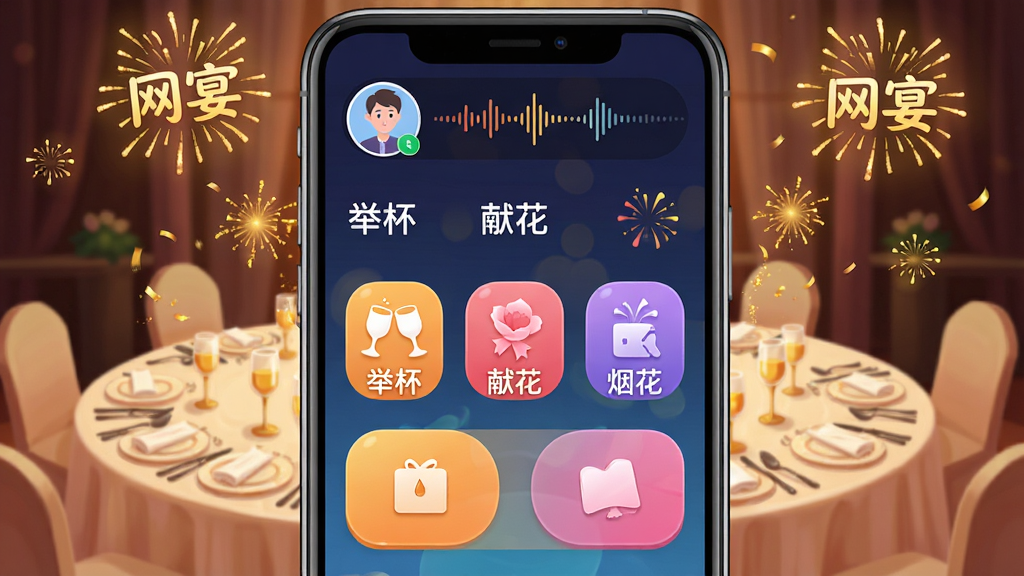 ���绥�����߽��棬�ֻ���Ļ������ʾ���ٱ������׻������̻�����ͼ�갴ť����Ļ�Ϸ����û�ͷ����������Σ����������Բ��������������Ʈɢ��ɫ�̻���Ч�����������ϲ�죬���С����硱����������ϸ�壬�ɾ��޶���Ԫ��