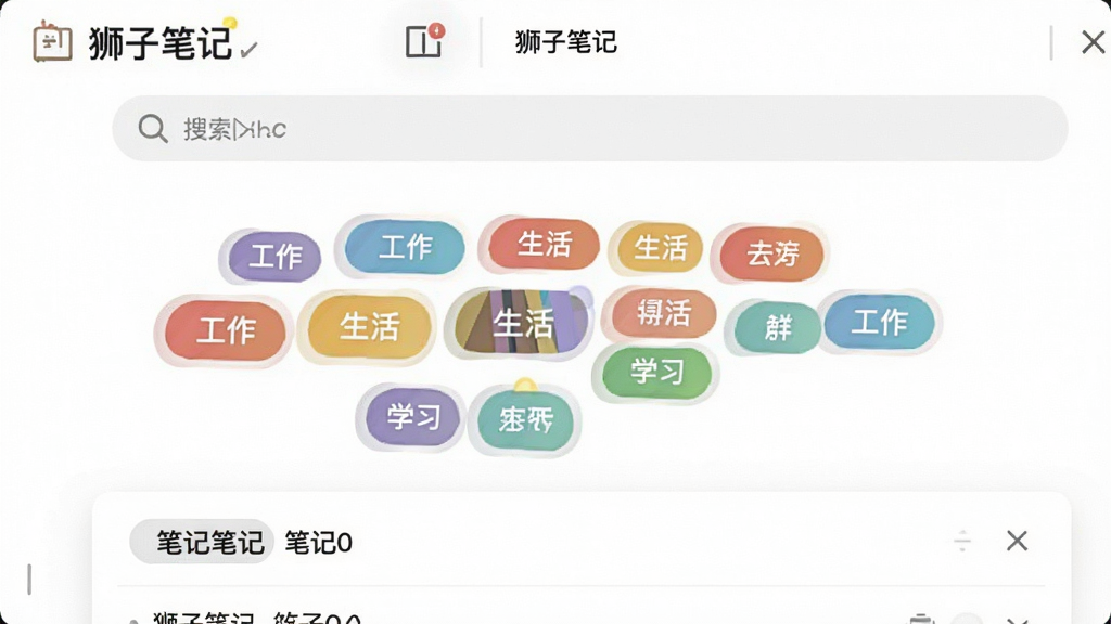 ����չʾ��ʨ�ӱʼǡ��ı�ǩ�������棬��Ļ�Ϸ����������·��ǲ�ɫ��ǩ�ƺͱʼ��б�����ǩ�С��������������ѧϰ������������������ˬ�����Ű����룬ϸ���ϱ�ǩ��Բ�Ǿ��ε�ɫ�������������ɾ����޶���Ԫ��