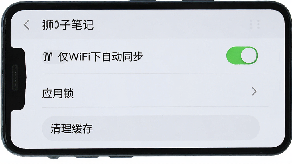����չʾһ����׿�ֻ���Ļ����Ļ����ʾ��ʨ�ӱʼǡ������ý��棬�����С���WiFi���Զ�ͬ�������ء���Ӧ������ѡ��͡��������桱��ť������Ϊǳɫ�б�����������ʵ�ã��Ű�������ϸ���Ͽ�������ɫ���������ʸɾ����޶���Ԫ��