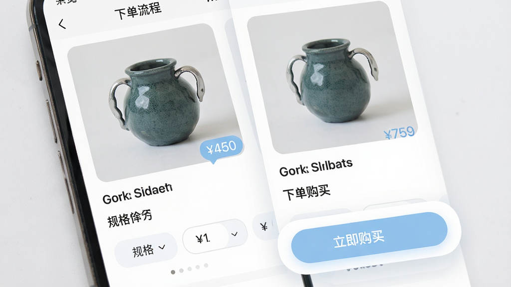 һ��չʾ������APP��Ʒ����ҳ���µ����̵��ֻ�����ͼ������Ϊ�ֻ���Ļ��д����Ļ����ʾ��Ʒ��ͼ���۸��ǩ�����ѡ��ť����������������������Ϊ���ҷ���չʾ������µ��������裬���Ϊ����ǳɫϵUI��ϸ�ڰ���Բ�ǿ�Ƭ������ɫ��ť�����������ּ۸����壬����Ϊ���壬�ɾ��޶���Ԫ��
