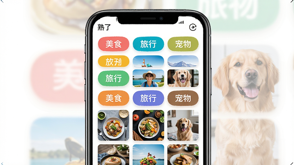 一张展示兴趣标签圈子的界面图,画面中央是手机屏幕,屏幕内显示多个彩色标签按钮与对应图片网格,标签包含“美食”“旅行”“宠物”等文字,风格活泼明亮,布局网格状,细节包含“熟了”应用标识,画质高清,画面干净,无多余元素