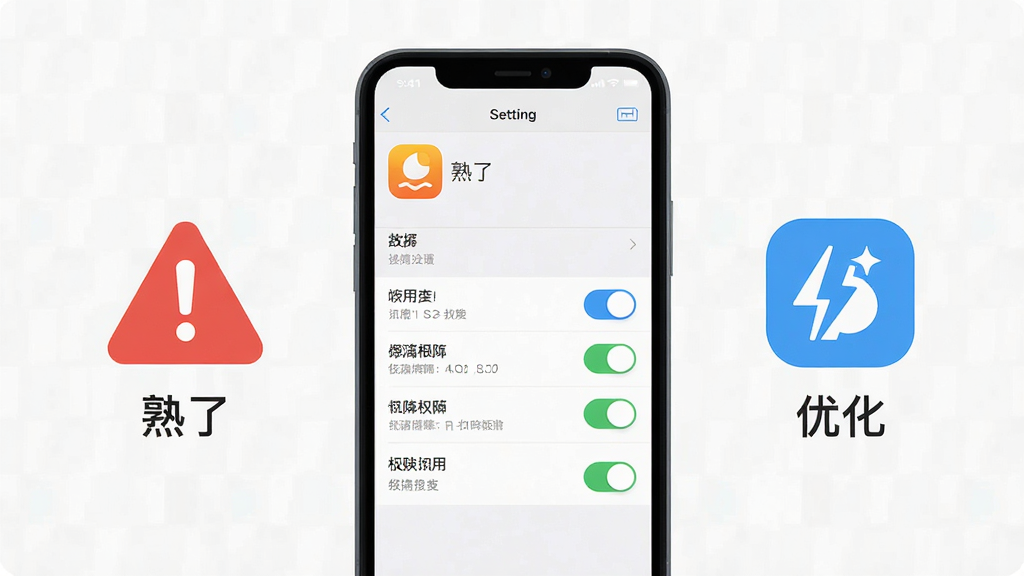 一张手机应用故障排查示意图,画面中央是手机屏幕显示设置菜单与权限开关,旁边有红色警告图标与蓝色优化图标,风格扁平化,布局左右分栏,细节包含“熟了”应用图标与文字标注,画质高清,画面干净,无多余元素