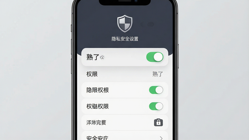 一张展示隐私安全设置界面的图片,画面中央是手机屏幕,屏幕内显示开关按钮与权限选项列表,顶部有盾牌图标,风格稳重简洁,布局列表式,细节包含“熟了”文字与安全锁图标,画质高清,画面干净,无多余元素