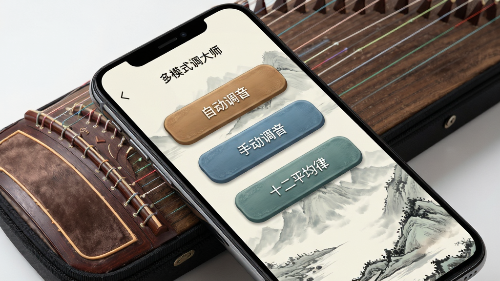 手机屏幕展示古筝调音器大师的多模式调音选择界面,画面上有