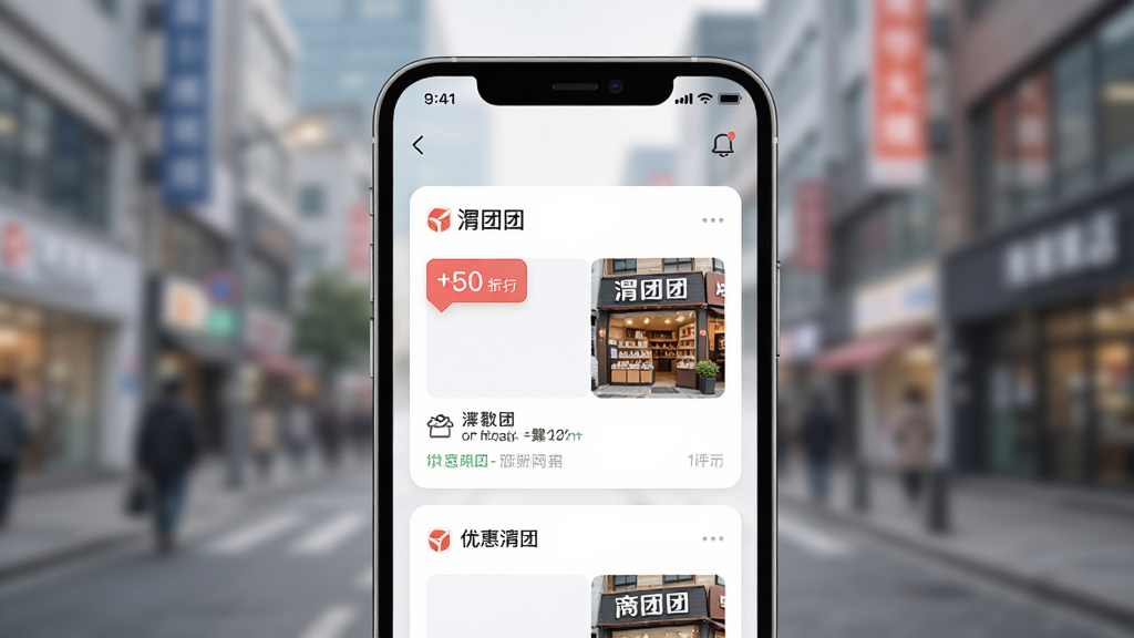 一张展示手机应用内优惠信息推送界面的图片,画面主体为手机屏幕,屏幕中显示“渭团团”的商户优惠卡片,包含折扣标签和店铺缩略图,背景为柔和的城市街景虚化,风格现代清爽,排版有序,画质高清,干净无多余元素