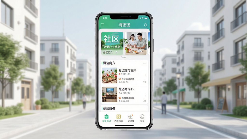 一张展示本地生活服务手机应用界面的图片,画面中央是一部竖屏智能手机,屏幕显示“渭团团”应用首页,页面包含社区活动卡片、周边商户列表和便民服务入口,背景是简洁的城市社区场景,整体布局清晰,排版整齐,风格现代简约,细节丰富,画质高清,干净无多余元素