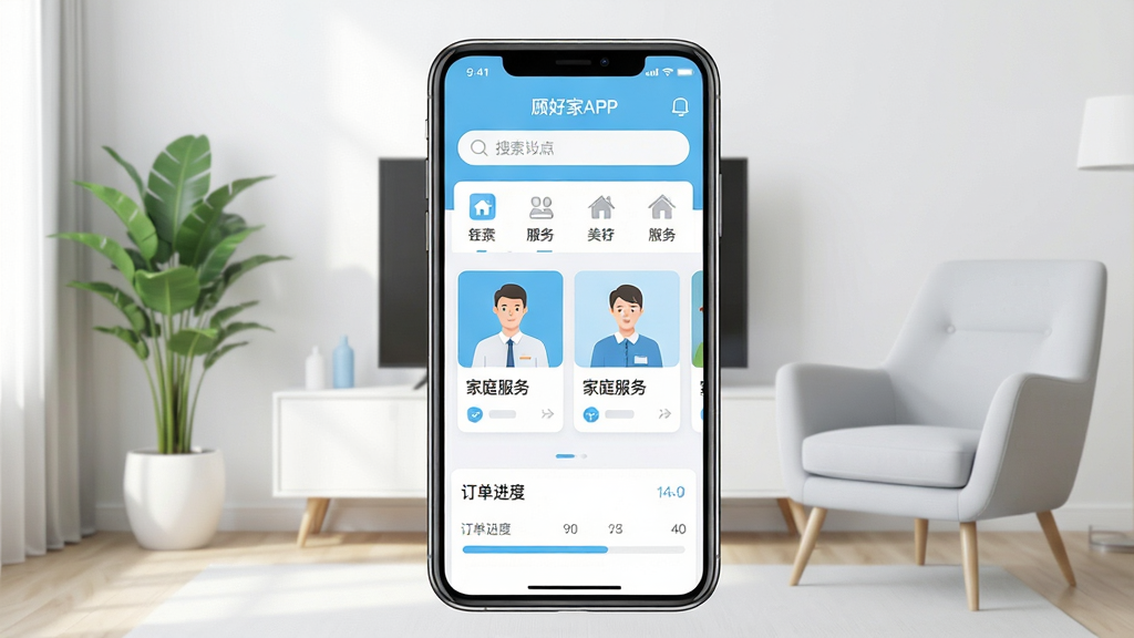 画面中央是一部竖屏智能手机,屏幕内展示着家居服务APP的首页界面,上方有搜索框和分类图标,中间是服务人员卡片,下方有订单进度条。背景是明亮整洁的现代客厅,左侧放置一盆绿植,右侧有一把浅灰色单人沙发。整体采用清爽扁平化UI风格,主色调为天蓝色与白色,界面文字清晰标注“顾好家APP”和“家庭服务”,细节干净利落,画质高清无多余杂物。