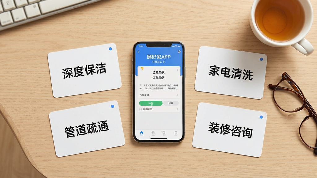 一张俯视视角的桌面布局图,桌面上平铺着几张家政服务卡片,分别写着“深度保洁”“家电清洗”“管道疏通”“装修咨询”,卡片围绕着一部手机排列,手机屏幕显示“顾好家APP”的订单确认页面。背景是浅木色桌面,旁边放着一杯茶和一副眼镜,风格温馨写实,光线柔和,画质清晰,构图整洁不杂乱。