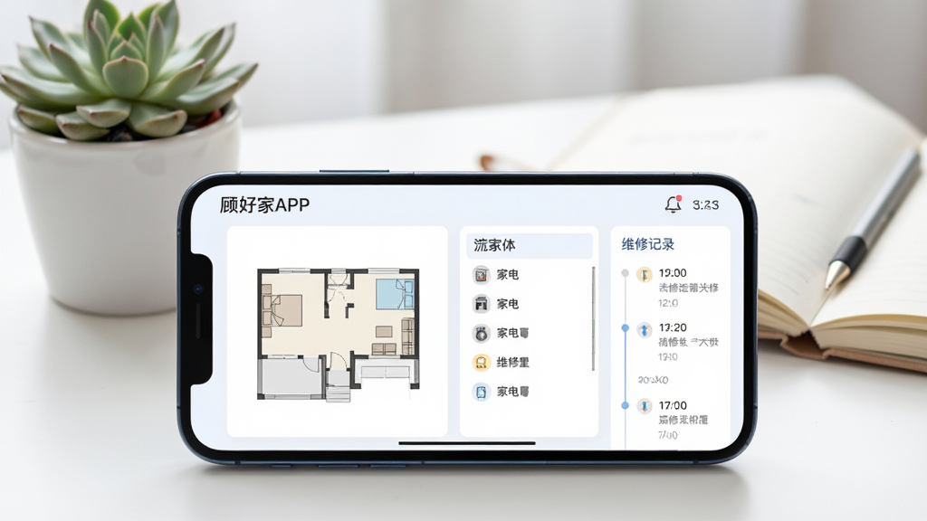 一部手机横屏展示家庭档案管理界面,左侧是房屋户型简图,右侧是家电列表和维修记录时间轴,界面顶部有“顾好家APP”标题。手机放置在一张白色书桌上,背景虚化处有一盆多肉植物和一本翻开的笔记本。整体风格清新浅色,布局规整,画质高清,无杂乱元素。