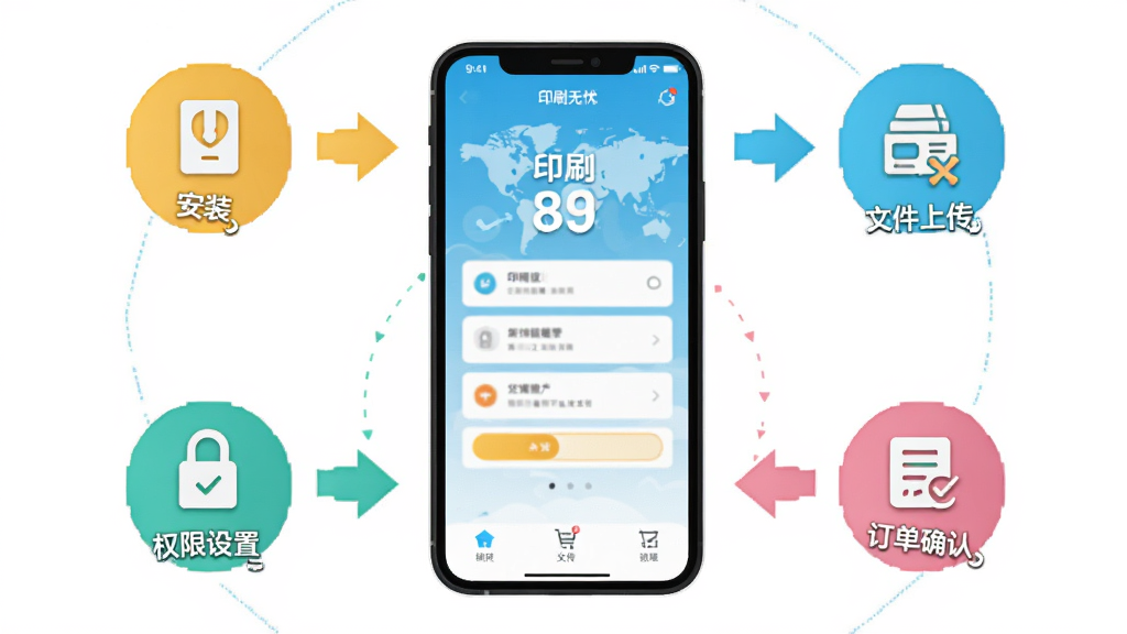 ӡˢ�����ƶ���ʹ�ù���ʾ��ͼ����������һ���ֻ�չʾAPP�������棬��Χ�ü�ͷ��ע��װ��Ȩ�����á��ļ��ϴ�������ȷ�ϵȲ��裬ÿ����������Сͼ�꣬���岼�ֻ������У�����ƽ����Ϣͼ��ɫ���������������ʸɾ����޶���Ԫ��