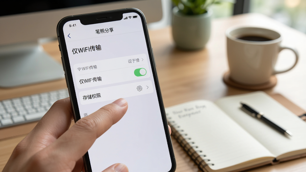 �ֻ���Ļ��ʾ�����ܷ�����������ҳ�棬ҳ�����С���WiFi���䡱���غʹ洢Ȩ��ѡ��Ա���һֻ�����ڵ����Ļ������Ϊ���ڰ칫�����������Ϊдʵ����磬ϸ�ڰ�������������ѡ�����֡���ָ������Ȼ�������бʼǱ��Ϳ��ȱ�������������������Ԫ��