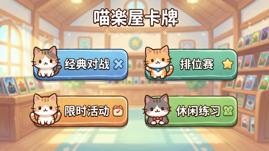 ����չʾһ����Ϸģʽѡ����棬���������ĸ�ģʽ��ڰ�ť���ֱ��ע�������ս������λ��������ʱ�����������ϰ����ÿ����ť�Ա��ж�Ӧ��è��ͼ��װ�Σ������������Ŀ����ݴ��������Ϊ��ϵ���¿�ͨ��ϸ�ھ��£������������ɾ��޶���Ԫ�أ������������֡����ݿ��ơ���