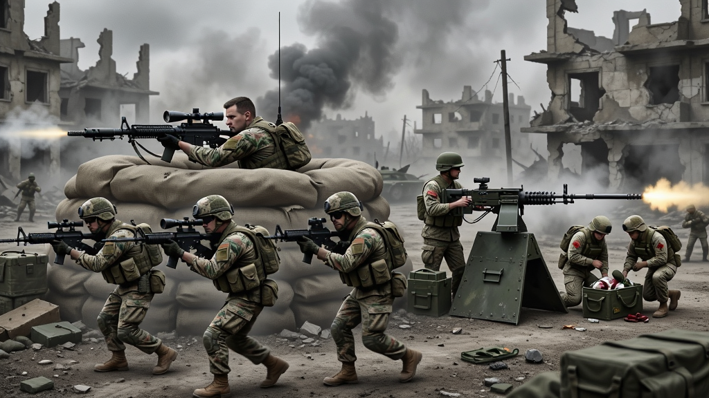 雷霆战将多兵种协同作战场景,画面中步兵在前方推进,狙击手占据高处掩体瞄准,机枪手架设火力点压制敌方,医疗兵在后方救治伤员,背景是残破的城市建筑与弥漫的硝烟,写实军事风格,色调沉稳,细节丰富,画质高清,画面干净无杂乱元素