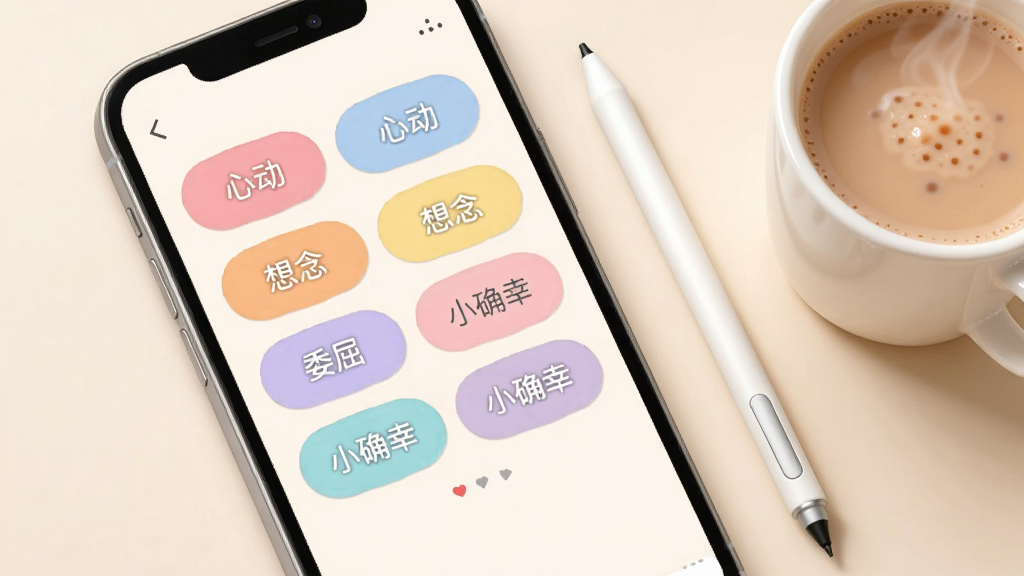 ����չʾһ���ֻ�Ӧ���ڵı�ǩѡ����棬��Ļ���ж����ɫԲ�Ǳ�ǩ������д�š��Ķ����������ί������Сȷ�ҡ�����������ǩ��ɫ��ͣ��������롣������ǳ��ɫ���Ա���һ֧���رʺ�һ�����̲衣������¿ɰ�������ϸ�壬����ɾ����޶���Ԫ�ء�