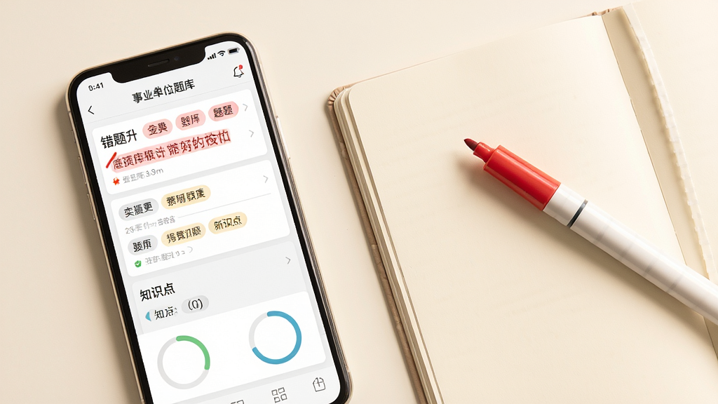 ��ҵ��λ������Ȿ���ܽ��棬����չʾһ���ֻ���Ļ����Ļ�ϳ��ִ����б���֪ʶ���ǩ���ֻ��Ա߷�����һ�������ıʼǱ���һ֧��ɫ�Ǻűʣ�����Ϊů��ɫ������Ϊ���ҷ��������ΪдʵUIչʾ��ϸ�ڰ�����ɫ�����ǡ������ǩ������Բ���������������ɾ����࣬�޶���Ԫ��