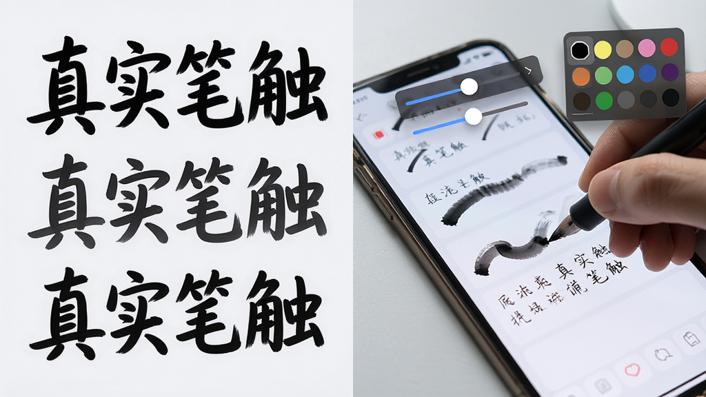 一张展示写字板fonts笔触效果的图片,画面左侧是几行不同粗细和浓淡的手写汉字,右侧是手指在手机屏幕上书写的特写,屏幕上方悬浮着笔触调节滑块和颜色选择面板,整体布局左右对比清晰,风格现代科技感,细节上突出墨迹的边缘晕染与笔锋变化,画质细腻,背景为干净的浅灰色桌面,无多余元素,图片中文字为“真实笔触”