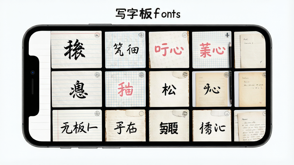 一张展示写字板fonts字体与背景资源的图片,画面中央是一个手机屏幕,屏幕上以网格形式排列着多款不同风格的手写字体预览和纸张背景缩略图,字体包括楷书、行书、可爱体等,背景包括横线纸、方格纸、信笺纸等,整体布局整齐有序,风格清新明快,细节上突出字体笔画的差异与纸张纹理的质感,画质清晰,背景干净无多余元素,图片中文字为“写字板fonts”