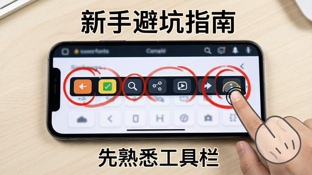 一张展示写字板fonts新手操作的图片,画面中一部手机横屏显示写字板界面,屏幕上用红色圆圈标注了工具栏的各个按钮位置,旁边有手指图标演示点击操作,画面下方有文字提示“先熟悉工具栏”,整体布局以手机为中心,风格教程图解式,细节上突出按钮的高亮与手指的点击动作,画质清晰,背景为浅色桌面,无多余元素,图片中文字为“新手避坑指南”