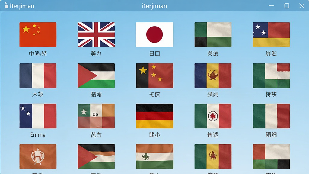 画面主体为iTerjiman软件的多语言选择界面,屏幕上以网格形式排列着多个国家的国旗图标和对应的语言名称,如中文、英语、日语等。背景为干净的浅蓝色渐变,布局清晰有序。风格为扁平化设计,细节上突出图标与文字的对比度,画质高清、干净、无多余元素,整体视觉清爽舒适。