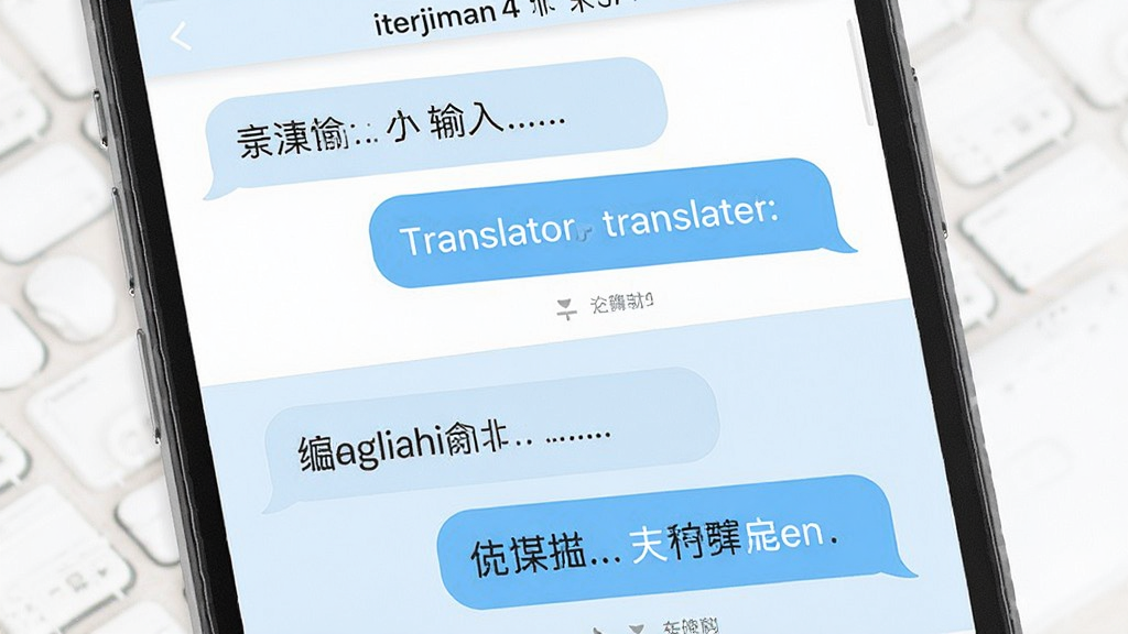 画面主体为iTerjiman软件的对话模式界面,屏幕分为上下两个区域,上方显示中文输入与英文翻译结果,下方显示英文输入与中文翻译结果。界面配色以白色和浅蓝色为主,风格简洁明快。细节上突出对话气泡的圆角设计和翻译文字的清晰排版,画质要求高清、干净、无多余元素,整体呈现出现代移动应用的精致感。