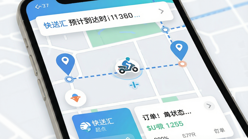 ����չʾ�����ͻ㡱Ӧ���е�ʵʱ��ͼ׷�ٽ��棬��ͼ���������յ��ǣ�һ������·���������㣬·������һ������ͼ�������ƶ������涥����ʾԤ�Ƶ���ʱ�䣬�ײ��ж���״̬��Ƭ��������Ϊ�ִ���ƽ����ƣ���ɫ��ˬ��ϸ�ڰ�����λ����·�߽ڵ㣬���ʸ��壬�ɾ��޶���Ԫ��