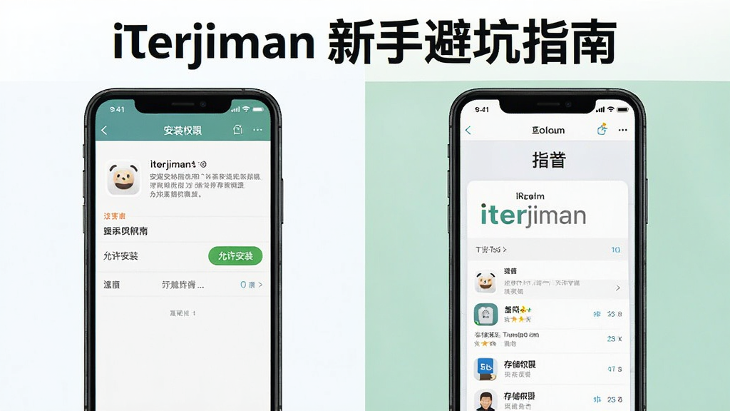 一张展示 iTerjiman 新手避坑指南的图片,主体为手机屏幕显示安装权限设置界面和翻译软件主界面并排对比,布局为左右分栏,排版清晰,风格为教程类信息图,细节包括“允许安装”“存储权限”“iTerjiman”等文字标识,画质清晰,干净,无多余元素