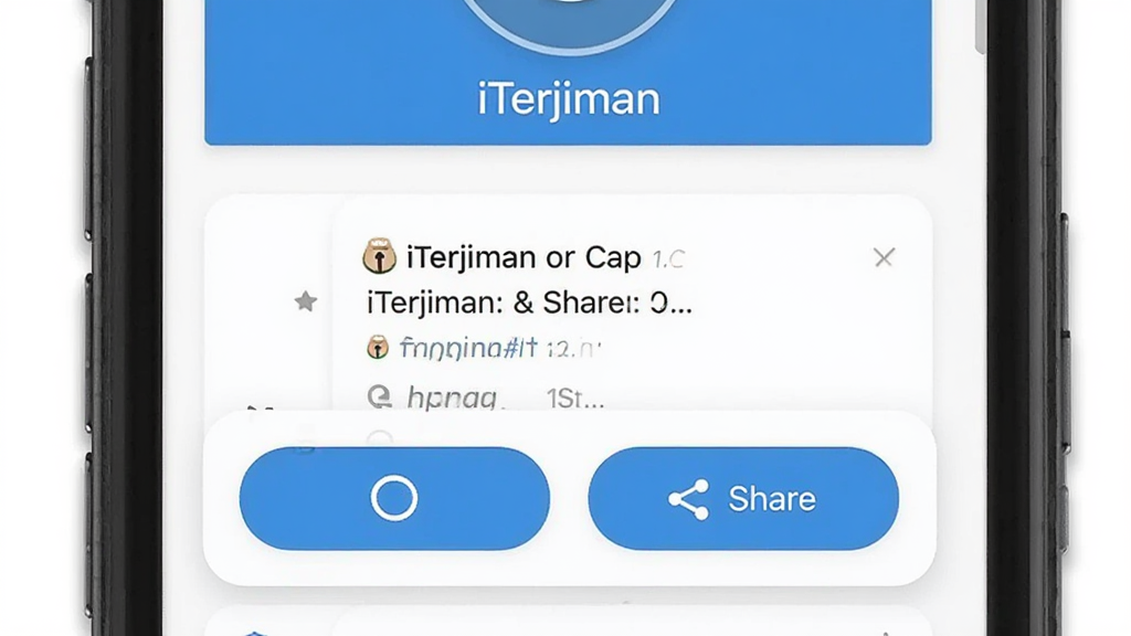 一张展示 iTerjiman 快捷复制与分享功能的图片,主体为手机屏幕中翻译结果下方出现复制按钮和分享按钮,布局为按钮横向排列,排版简洁,风格为移动端应用界面风格,细节包括高亮按钮、圆角卡片、顶部“iTerjiman”标题,画质清晰,干净,无多余元素