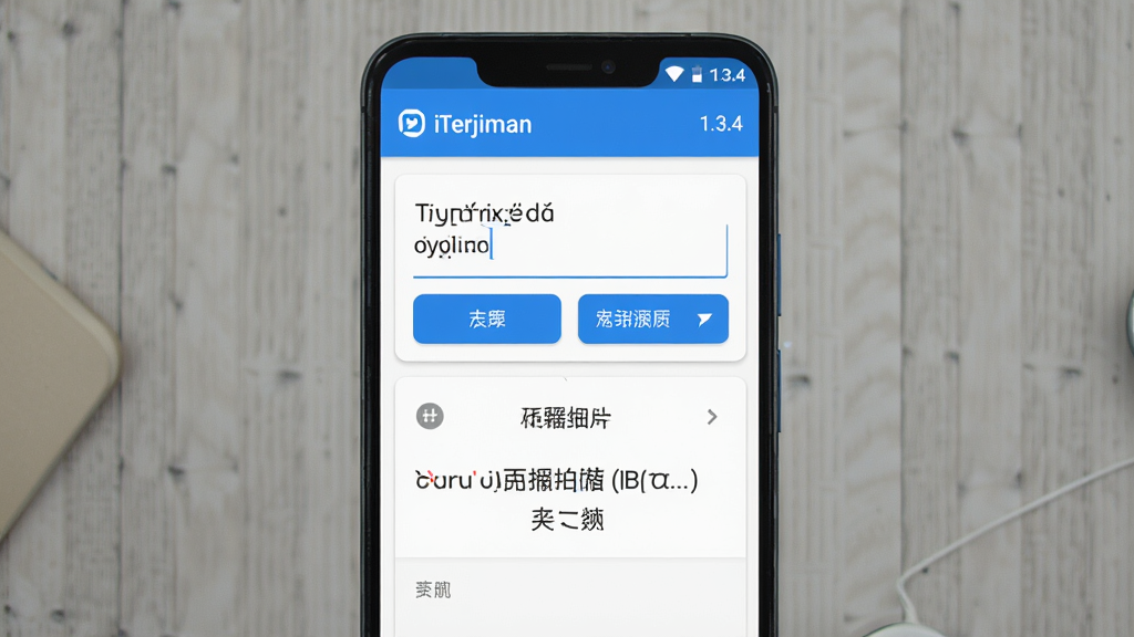 一张展示 iTerjiman 翻译软件核心全貌的图片,主体为一部安卓手机竖屏界面,屏幕中央显示土耳其语与中文互译输入框和翻译结果,布局为上方输入、下方结果,排版简洁居中,风格为现代移动应用 UI 风格,细节包括蓝色主色调按钮、白色卡片背景、顶部软件名称“iTerjiman”和版本号“1.3.4”,画质清晰,干净,无多余元素