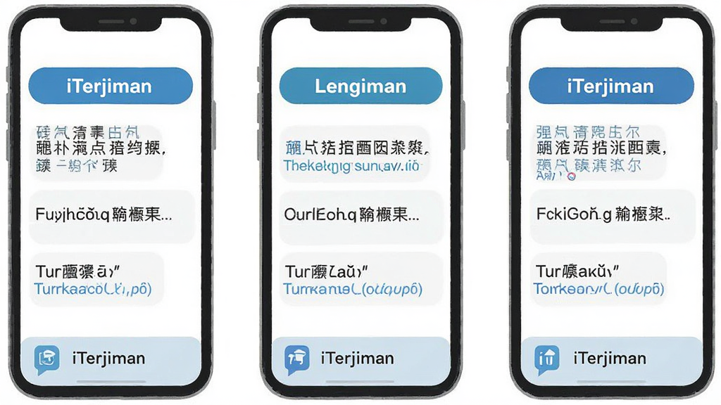 一张展示 iTerjiman 多语种互译功能的图片,主体为手机屏幕中同时显示中文、英文、土耳其语三列对照文本,布局为三栏并排或上下对照,排版整齐,风格为扁平化信息图表风格,细节包括每列顶部语言标签、中间短句示例、底部“iTerjiman”标识,画质清晰,干净,无多余元素
