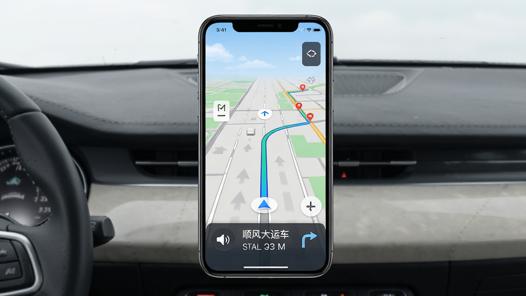 顺风大运车主导航界面展示图,画面中央为手机屏幕显示实时地图导航,道路上有路线指引箭头和路况颜色标识,布局采用全屏地图模式,底部显示预计到达时间和距离,风格为写实科技风,细节包含语音播报图标和转向提示,画质清晰干净无多余元素