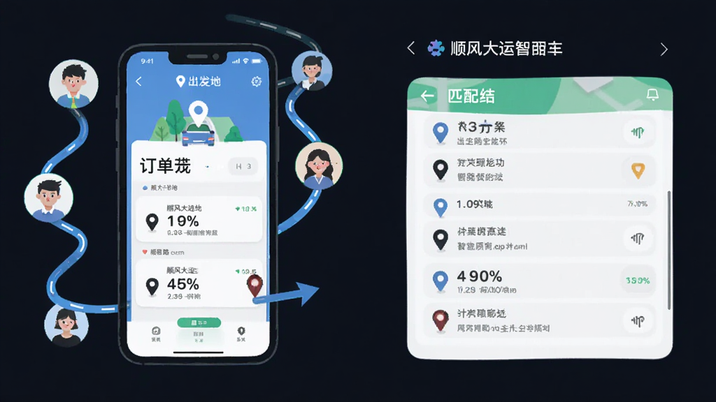 顺风大运车主智能匹配功能展示图,画面中一部手机屏幕显示订单匹配成功界面,周围环绕着路线轨迹和乘客头像图标,布局采用左右分栏,左侧展示出发地目的地,右侧展示匹配结果,风格为扁平化插画风,细节包含地图定位标记和顺路百分比数值,画质高清干净无多余元素