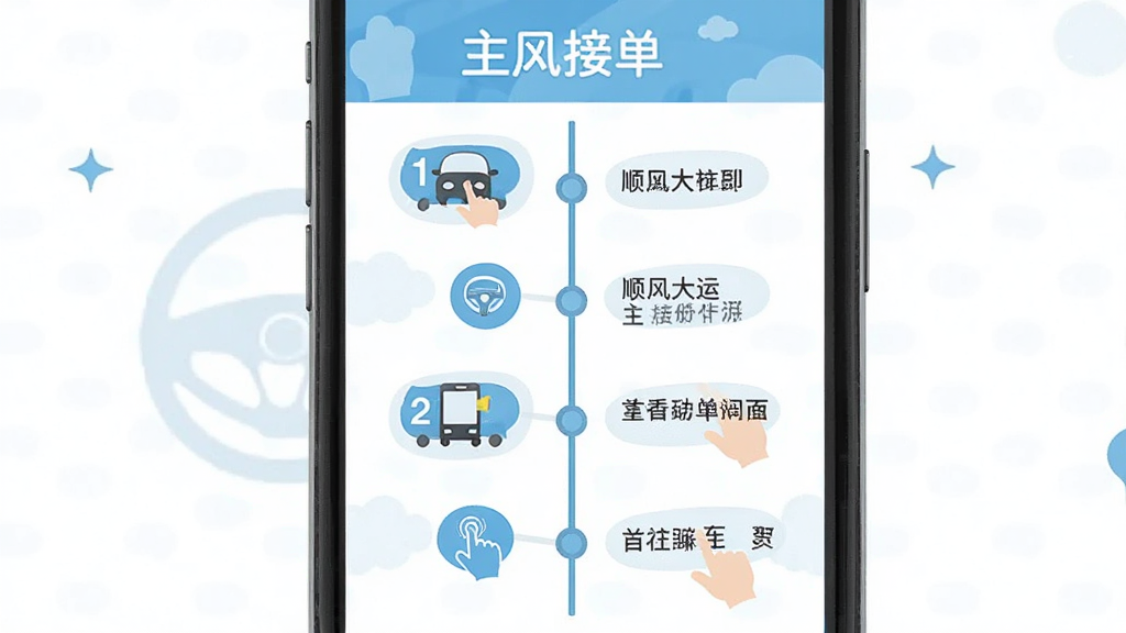 顺风大运车主新手操作指引图,画面中一部手机展示从注册到接单的流程步骤,布局采用纵向时间轴排列,风格为清新扁平插画风,细节包含步骤序号和操作手势图标,画质清晰干净无多余元素