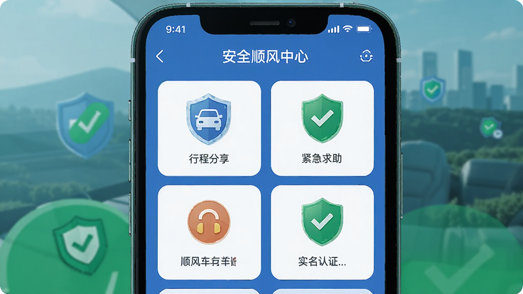 顺风大运车主安全功能展示图,画面中一部手机屏幕显示安全中心界面,包含行程分享、紧急求助和实名认证图标,布局采用网格排列,风格为安全守护主题插画风,细节包含盾牌图标和绿色安全标识,画质高清干净无多余元素