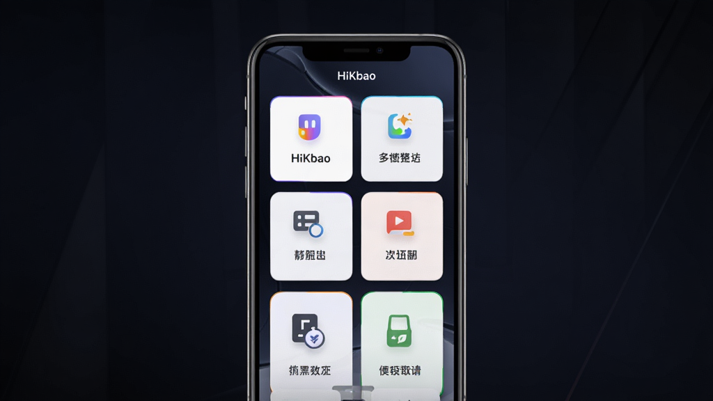 HiKbao����ģ��չʾͼ����������Ϊ�ֻ���Ļ��ʾHiKbao��ģ�鿨Ƭ���֣�ÿ�ſ�Ƭ��ע��ͬ����ͼ������֣�����Ϊ��ɫ���䣬��Ƭ������΢��ӰЧ��������ִ���Լ�������������ɾ��޶���Ԫ��