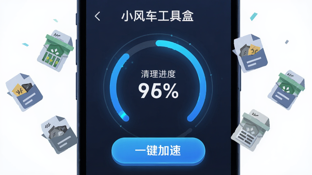 һ�š�С�糵���ߺС��������ٹ��ܵĽ���չʾͼ����������Ϊ�ֻ���Ļ����Ļ����ʾ�������Ȼ��롰һ�����١���ť����Χ��Ʈɢ�������ļ�ͼ�꣬����Ϊ���й�ͼ�����Ϊ�Ƽ��б�ƽ�廭��ϸ�ڰ�����ɫ��Ч�����Ȱٷֱ����֡�Բ�ǰ�ť�����ʸ��壬�ɾ����޶���Ԫ�ء�
