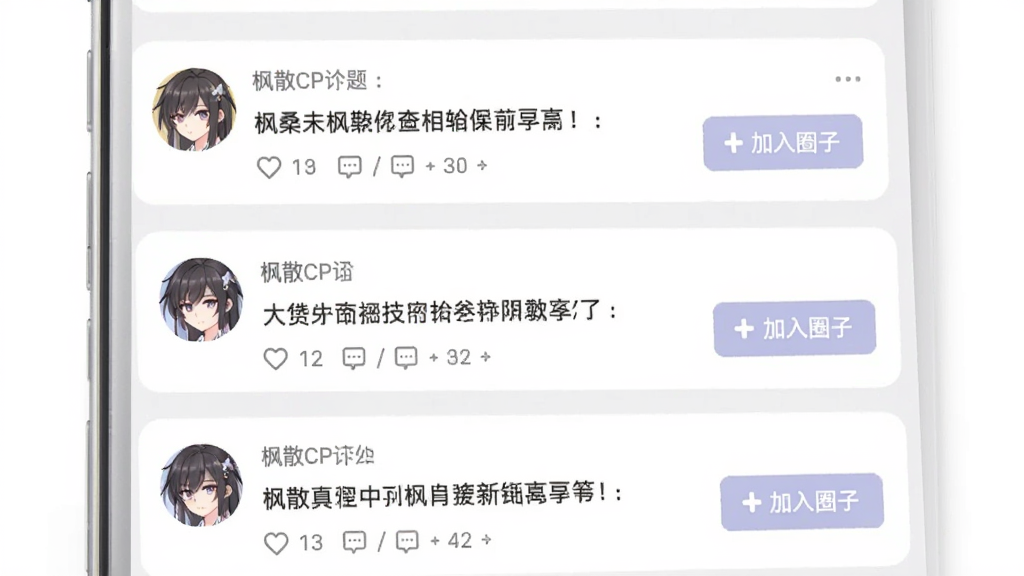 ��ɣ����Ԫ��ȤȦ������ҳ�棬����Ϊ�ֻ���Ļ��ʾ��ɢCP�����������б�������Ϊ����Ƭ�����Ű����������Ϊ���ǳɫ����Ԫ�罻UI��ϸ�ڰ����û�ͷ�����ӱ��⡢����������������Ȧ�Ӱ�ť�����ʸ���ɾ��޶���Ԫ��