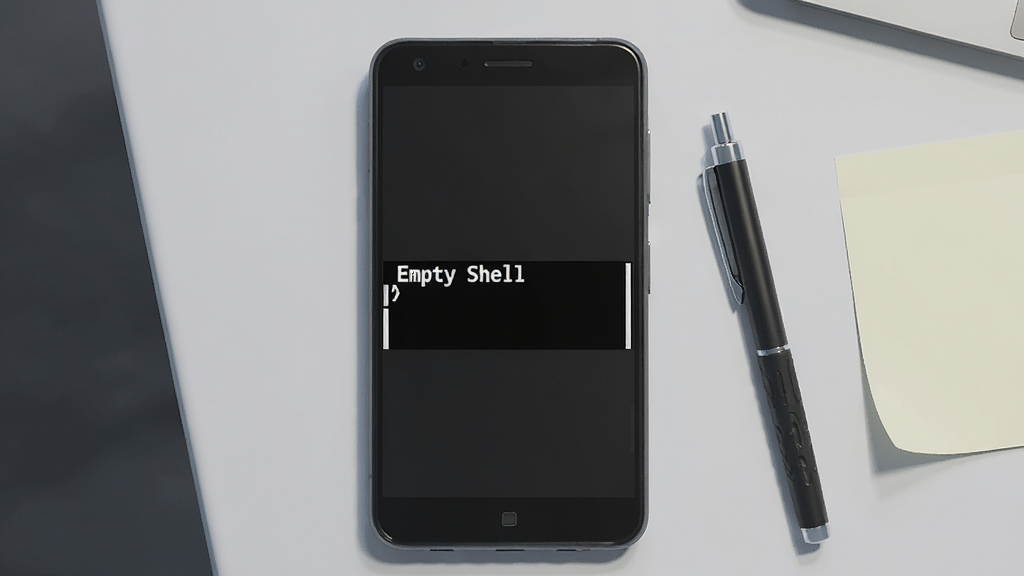 һ�Ÿ����ӽǵ�ͼƬ������������һ����׿�ֻ�����Ļ��ʾ'Empty Shell'��ɫ�ն˽��棬��ɫ������ʾ����˸���ֻ��Ա߷���һ֧�ʺ�һ�ű�ǩֽ������Ϊǳ��ɫ���棬���߾��ȣ���񼫼򣬻��������ɾ���������û�ж�������