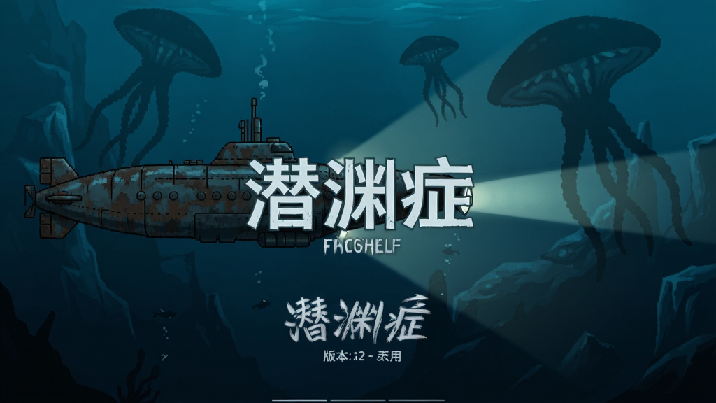 潜渊症游戏主界面,深海潜艇在幽暗冰海中航行,潜艇外壳锈迹斑斑,探照灯照亮前方海水,周围漂浮着巨大异星生物剪影,画面中央显示游戏标题“潜渊症”,下方为版本号,整体风格为暗黑科幻,2D横版视角,冷色调,高对比度,细节丰富,画质清晰,干净无多余元素