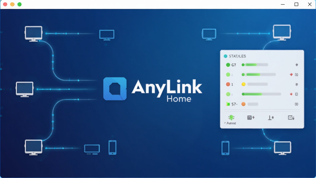 AnyLink Home����������չʾͼ������Ϊ������ʾ������Logo������״̬��壬���ֲ��������½ṹ���Ű��������򣬷��Ϊ�ִ��Ƽ��б�ƽ����ƣ�ϸ�ڰ�������ɫ���䱳�������������������豸ͼ�껷�ơ�״ָ̬ʾ�ƣ����ʸ��壬�ɾ����޶���Ԫ��
