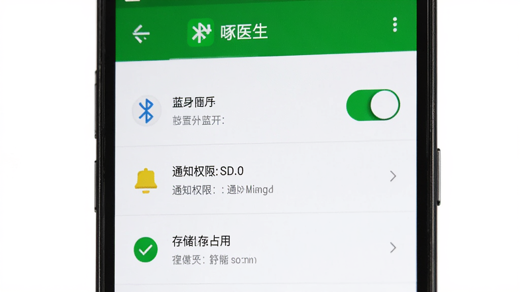 һ����׿�ֻ�չʾ����ҽ����APP����ҳ�棬ҳ���а����������ء�֪ͨȨ�ޡ��洢ռ�õ�ѡ�����Ϊ�ֻ���Ļ��д������Ϊ���У����Ϊ���UI��ͼ�磬ϸ�ڰ���������ͼ��������˵��������Ϊ��ɫ�����ʸ��壬�ɾ����޶���Ԫ��