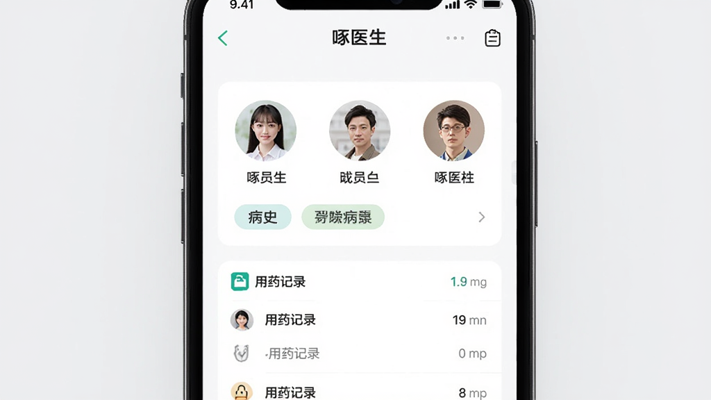 һ���ֻ�չʾ����ҽ����APP�ļ�ͥ���������������棬��������Ϊ�ֻ���Ļ������Ϊ������д�����Ϊ���UIչʾ�磬ϸ�ڰ�����Աͷ��Ƭ����ʷ��ǩ����ҩ��¼�б�������Ϊǳ��ɫ�����ʸ��壬�ɾ����޶���Ԫ��