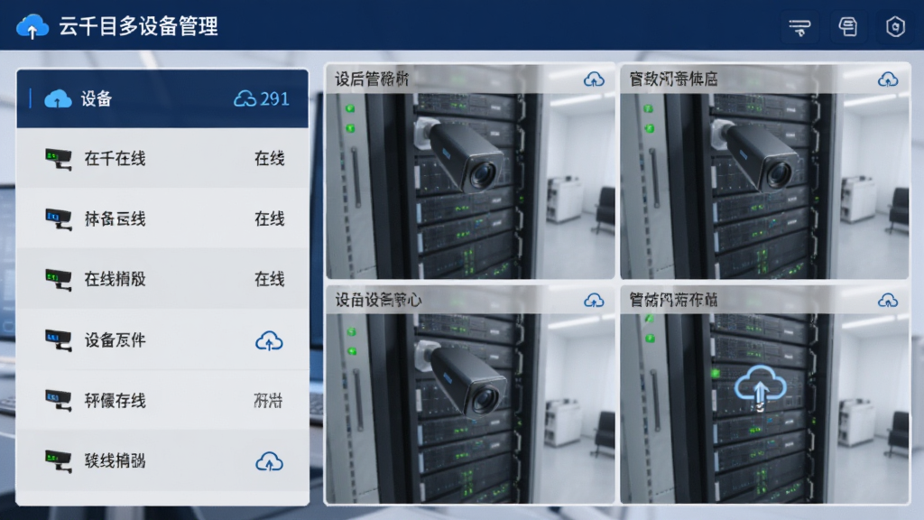 ����չʾһ���������Ľ��棬���Ϊ�豸�б����Ҳ�Ϊ�Ĺ���ʵʱ��ػ��棬������ִ���ɫ����������ǳ��Ϊ����ϸ�ڰ����豸����ָʾ�ơ�����ͷͼ�ꡢ�ƴ洢��ʶ�����������ɾ���ͼƬ�����ֱ�ע����ǧĿ���豸������