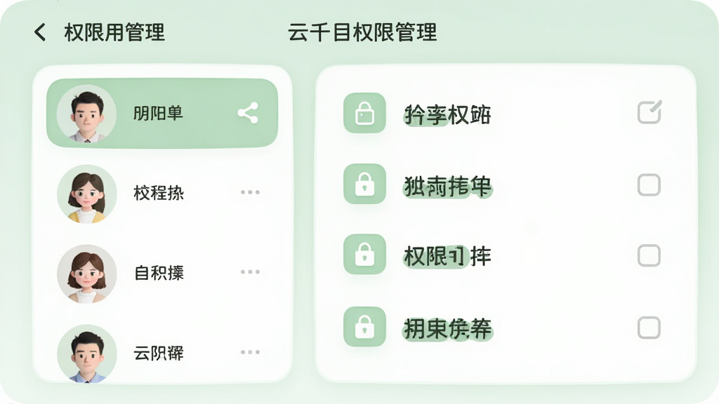 ����չʾһ��Ȩ�����ý��棬���Ϊ�û�ͷ���б����Ҳ�ΪȨ�޹�ѡ����Ϊ���Բ����ƣ�ɫ����ǳ�����ɫΪ����ϸ�ڰ�������ͼ�ꡢ����ͼ�ꡢ�û���ɫ��ǩ�����������ɾ���ͼƬ�����ֱ�ע����ǧĿȨ�޹�����