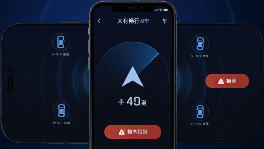 ��������Ϊ�ֻ���Ļչʾ���г���APPѰ�����棬����Ϊ���й�ͼ����Ļ������ʾ�����ͷ��������֣���Χ���Ƴ���λ��ͼ���뾯����ť�����Ϊ��ɫ�Ƽ��磬ϸ�ڰ����״ﲨ��Ч���������ʾ���֣�����Ϊ����ɫ���䣬���ʸ��壬�ɾ����޶���Ԫ��