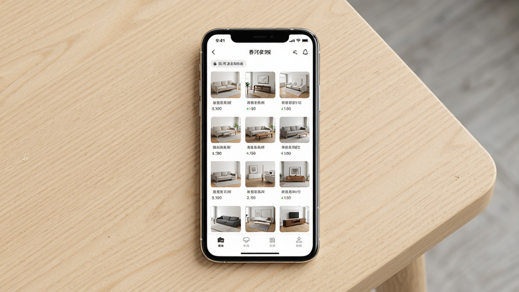 ��ӼҾ߳�APP����չʾͼ������Ϊһ�������ֻ�����������ǳɫľ�������ϣ��ֻ���Ļ��ʾ�Ҿ߷������ҳ�棬���ֲ��þ��й�ͼ���Ű������������Ϊ�ִ���Լ����磬ϸ�ڰ����ֻ��߿�߹⡢��Ļ�ڼҾ�����ͼ�������С���������΢ľ���ʸУ����ʸ���ɾ��޶���Ԫ�ء�