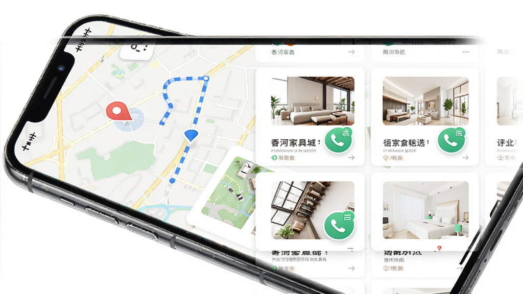 ��ӼҾ߳�APP�̻���������ͼ������Ϊ�ֻ���Ļ��ʾ��ͼ·�����̻��б�������Ϊ���·����Ű棬���Ϊ��ˬ���ŷ磬ϸ�ڰ�����ͼ�ϵĶ�λͼ�ꡢ�̻���Ƭ���е绰��ť��·���������������ʸ���ɾ��޶���Ԫ�ء�